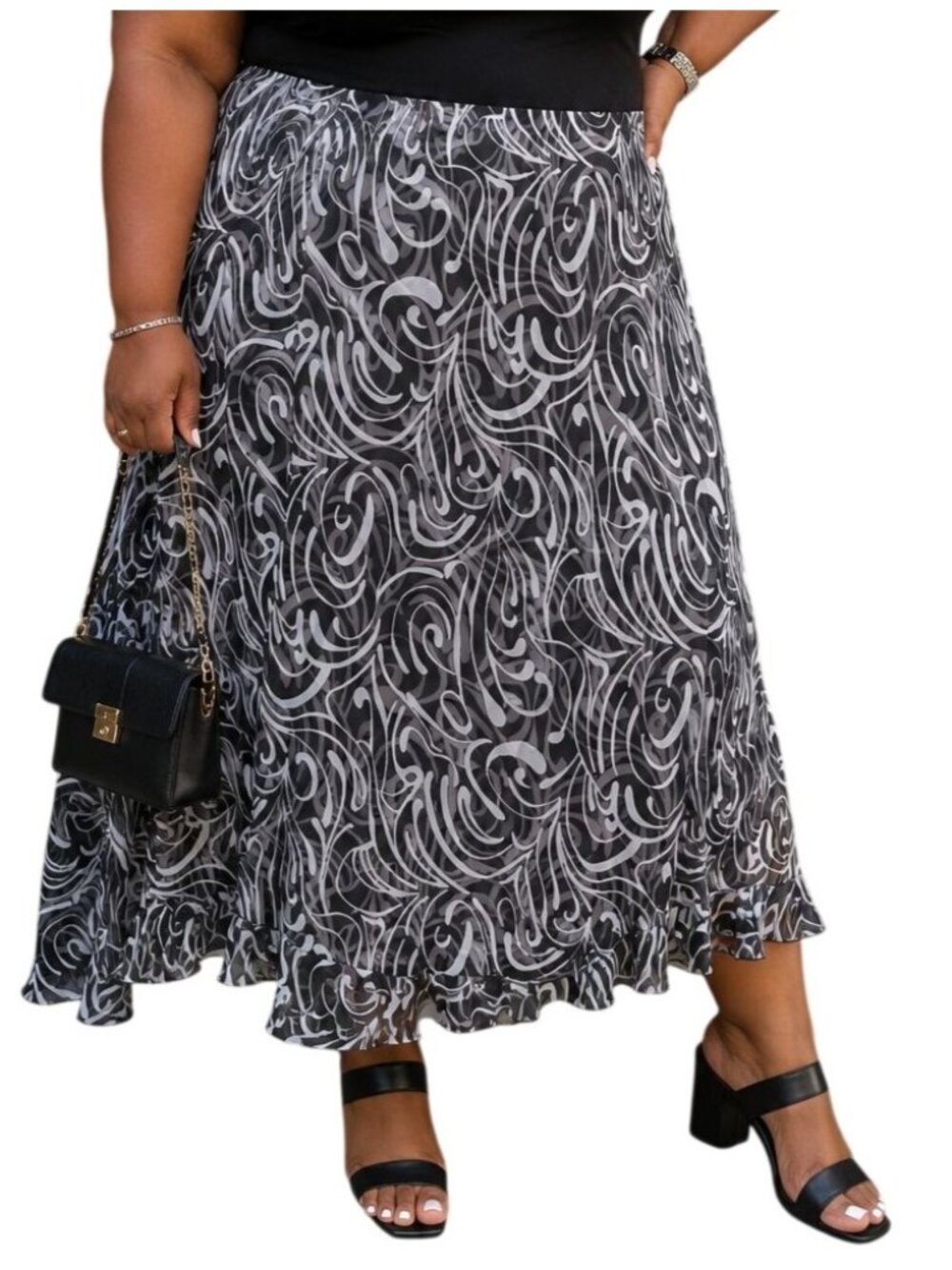 Lane Bryant Size 14 Skirt Midi Black & White Swirl Pattern Polyester Flowy Chic